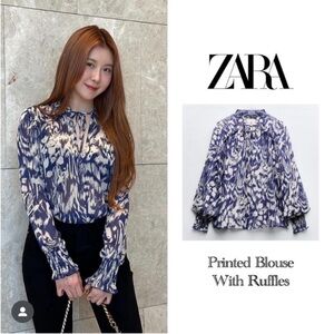 Zara, Blue/White, Ruffled Print Blouse, Large